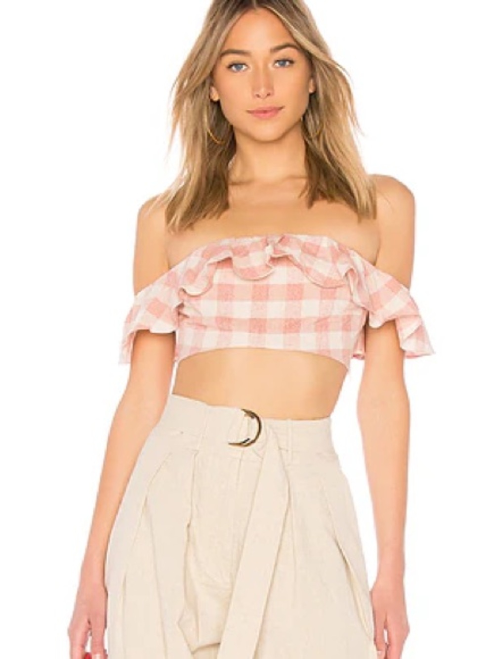 PRIVACY PLEASE GINGHAM OFF THE SHOULDER RUFFLE CROP TOP